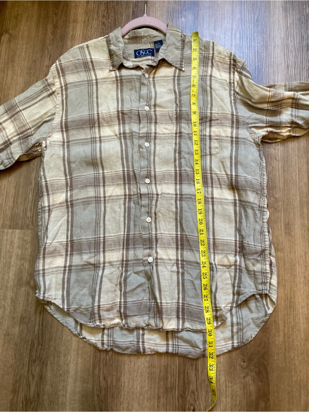 5/$15 OSCC Men’s Brown Plaid Linen LS Button-up Shirt Large - Picture 4 of 7